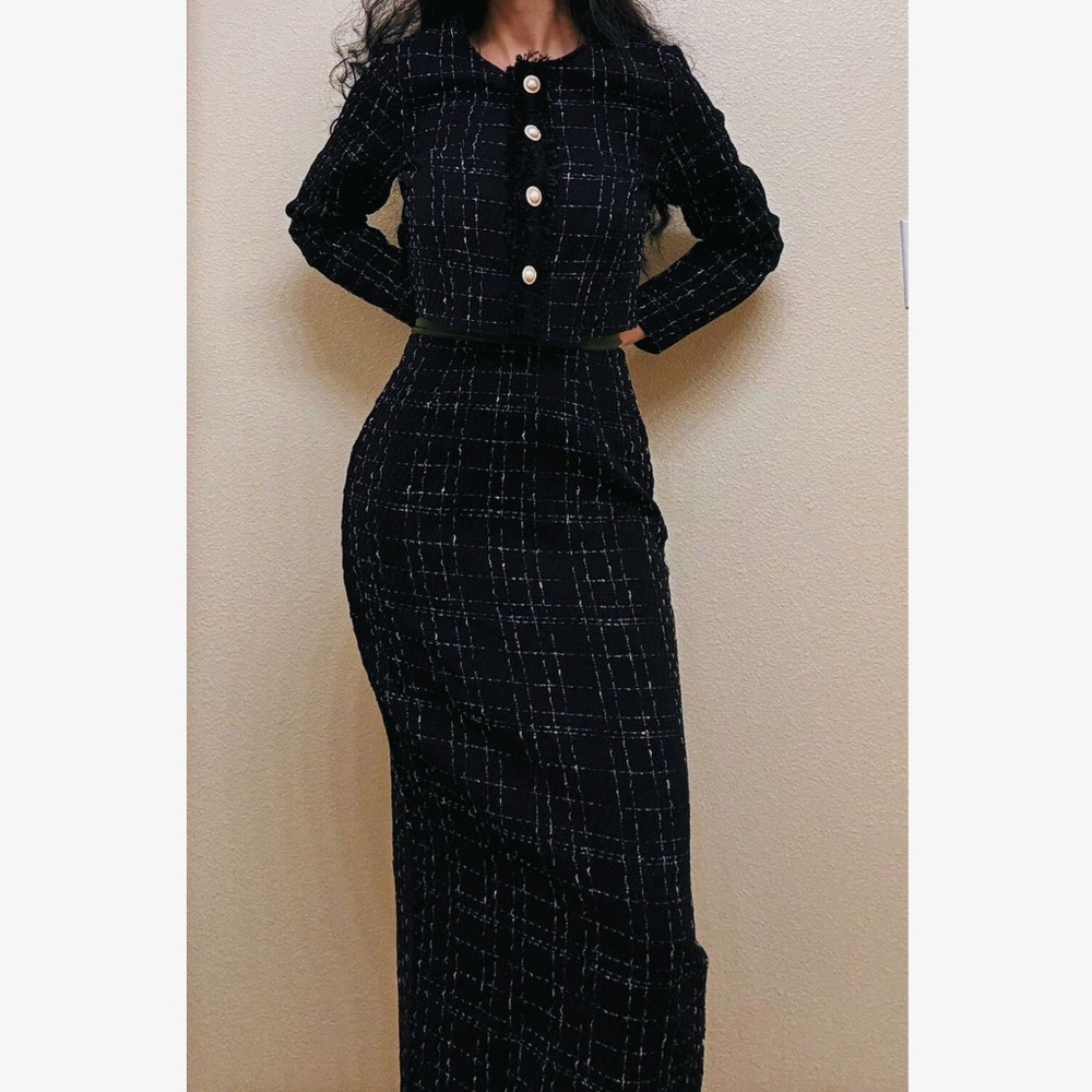 Classic Tweed Button Crop Jacket Midi Frayed Hem Skirt Set - Picture 3 of 10